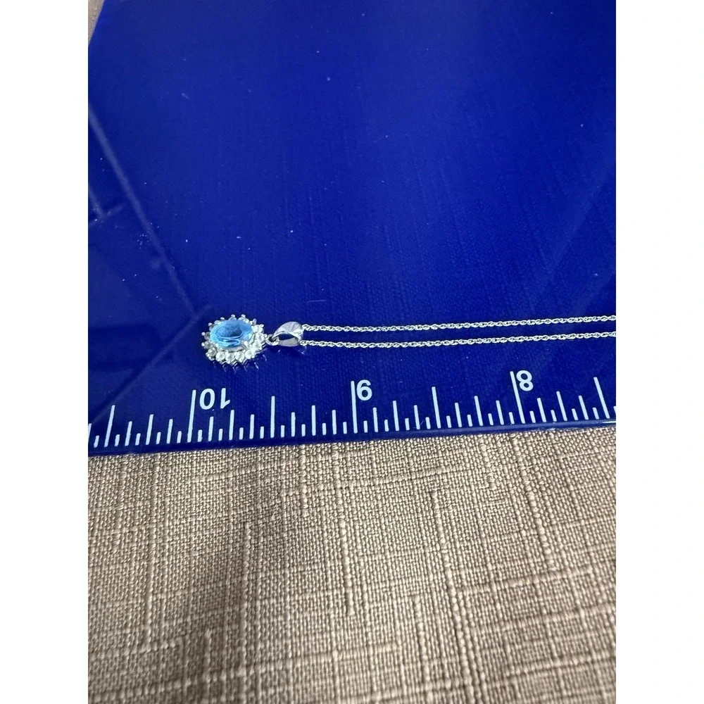 Blue Topaz  Diamond Pendant Necklace 10K white gold QDC